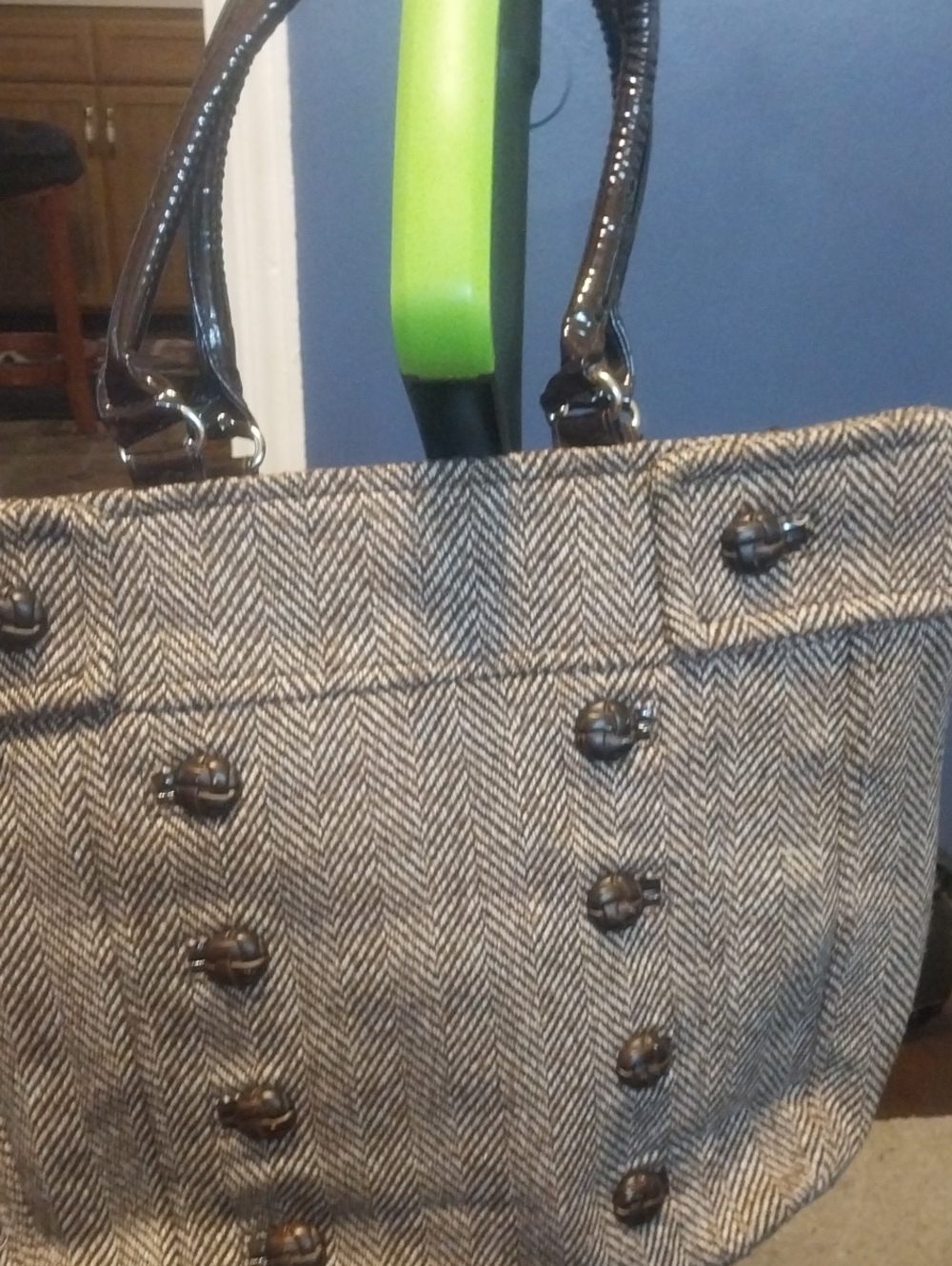 Braciano Large Herringbone Tote Bag Brown/Cream Tweed Faux Patent Leather Handle